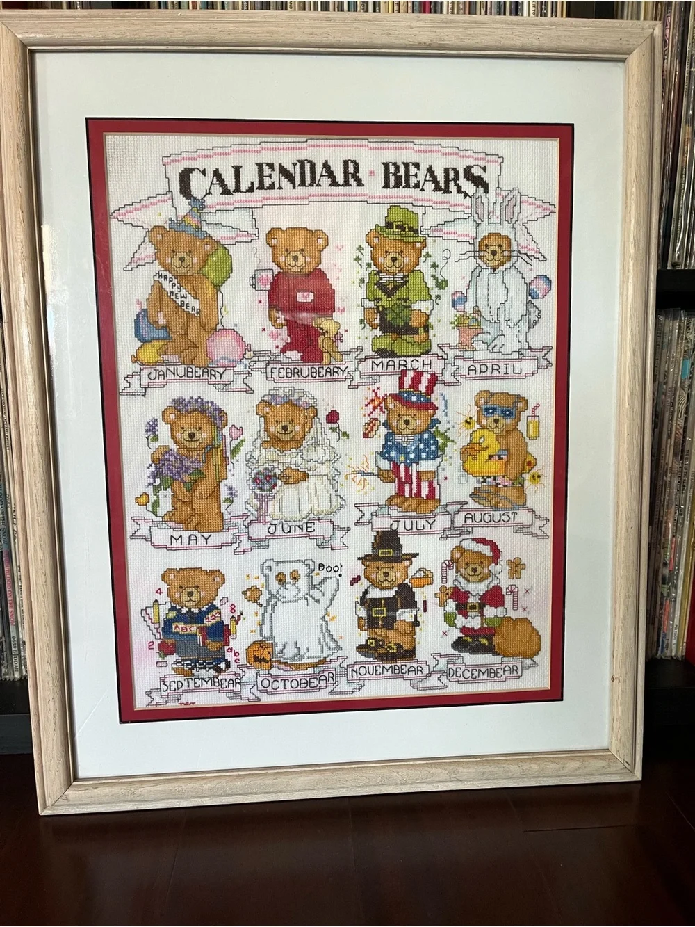 Framed Completed Calendar Bears Cross stitch Art needlework folk 80s 90s 🐻 🇺🇸 🗓️